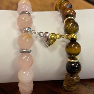 10mm Rose Quartz & Tigers Eye Natural Stones Elastic Bracelets w/ Magnetic Heart